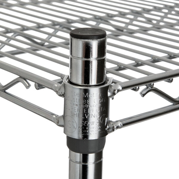 A Metro chrome wire shelving unit with polyurethane casters.