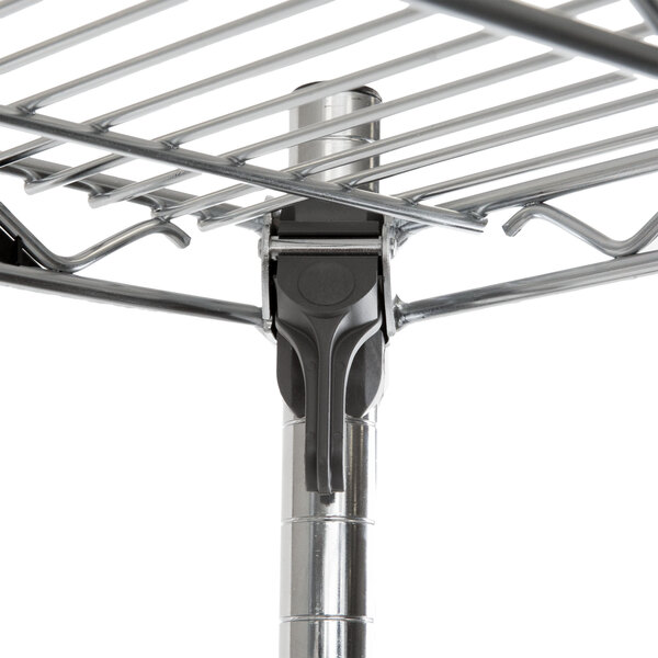 A Metro chrome wire shelving unit with polyurethane casters and metal poles.