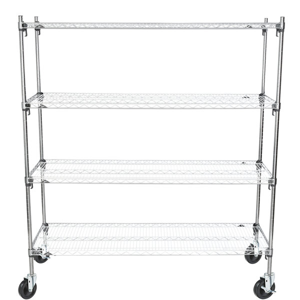 A Metro chrome wire shelving unit with polyurethane wheels.