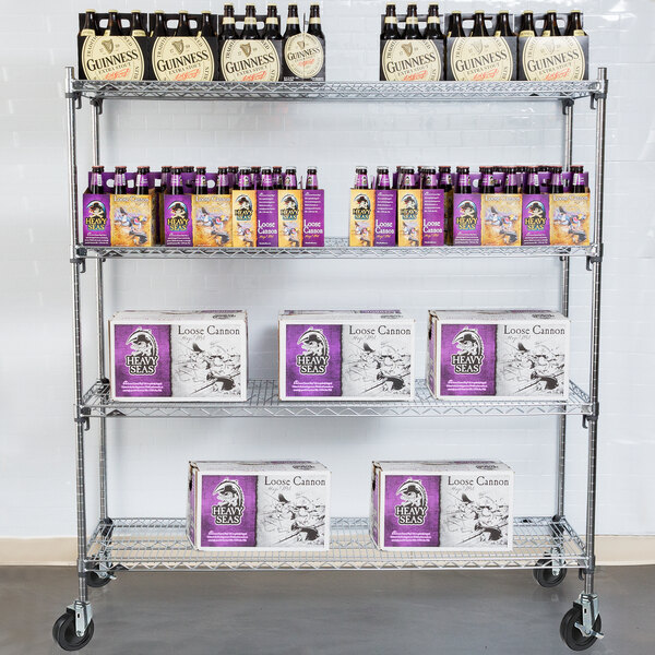 A Metro chrome wire shelving unit filled with boxes and bottles of beer.