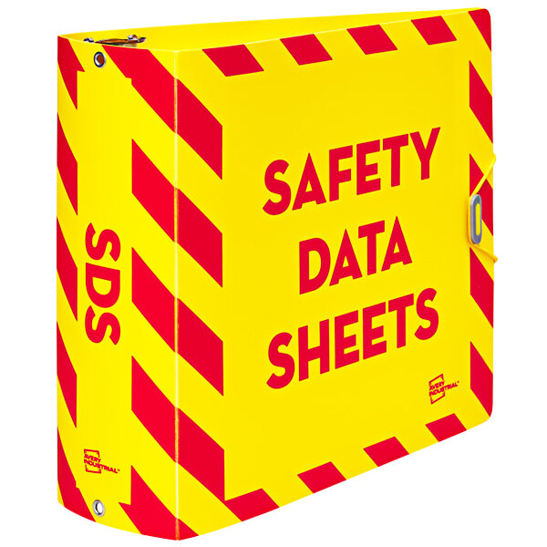 An Avery yellow and red UltraDuty SDS binder with chain and red and yellow stripes.