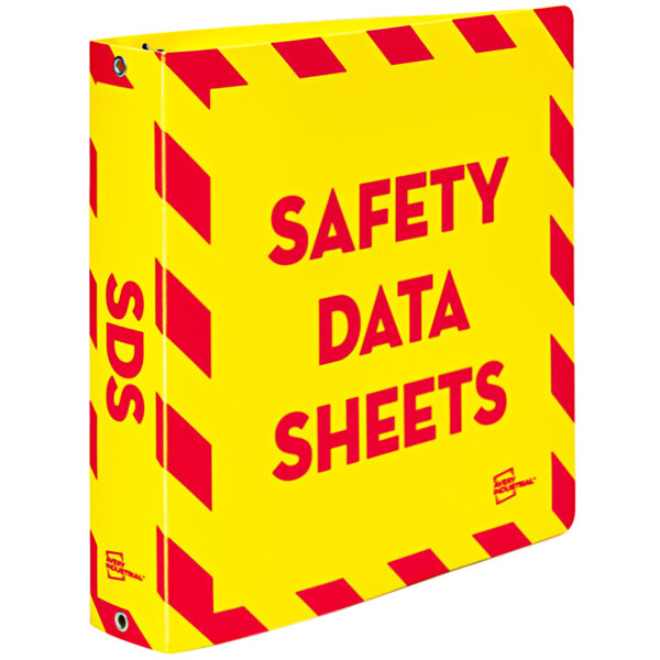 A yellow and red Avery UltraDuty SDS binder with white letters.