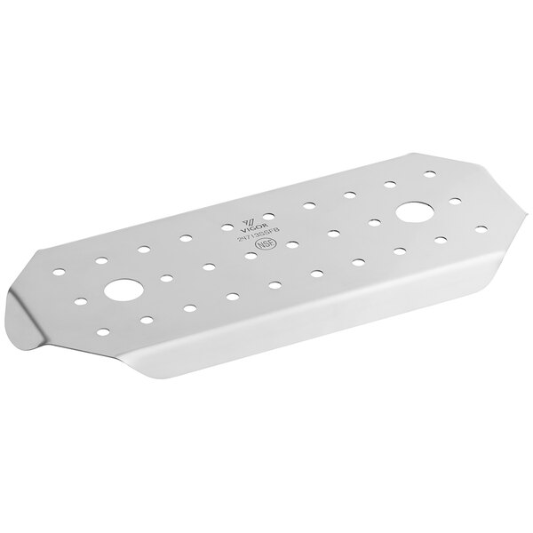 A rectangular metal plate with holes.