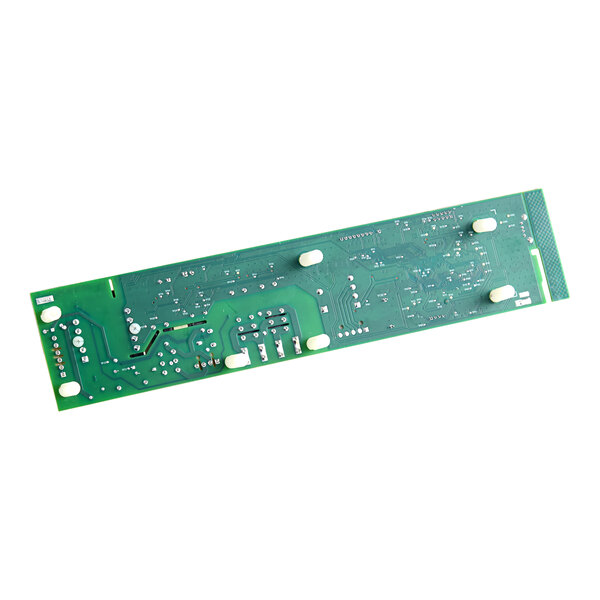 A green rectangular printed circuit board with various solder points, traces, and four white mounting standoffs visible.