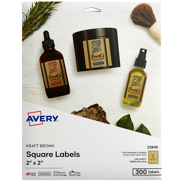 A package of Avery square kraft brown labels on a counter.