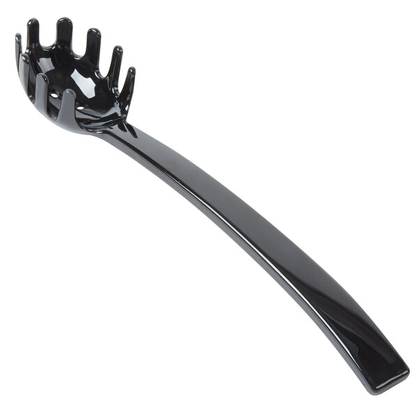 A black plastic pasta spoon with a handle.