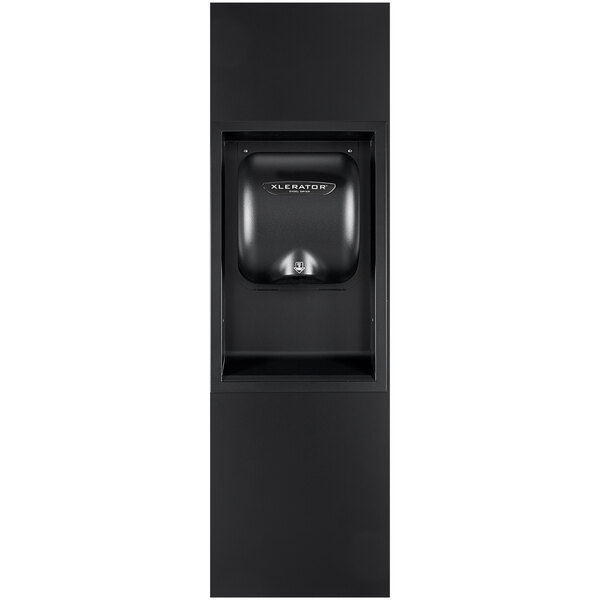 A black rectangular XLERATOR paper towel dispenser with a white logo.