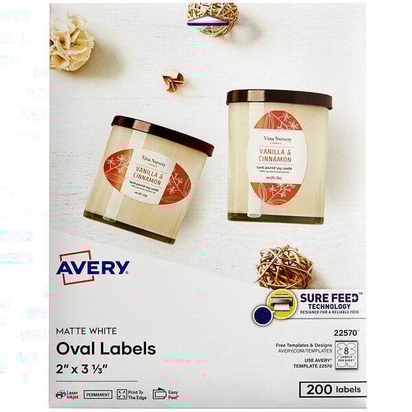 A box of Avery Matte White Oval Labels with Sure Feed Technology on a white background.
