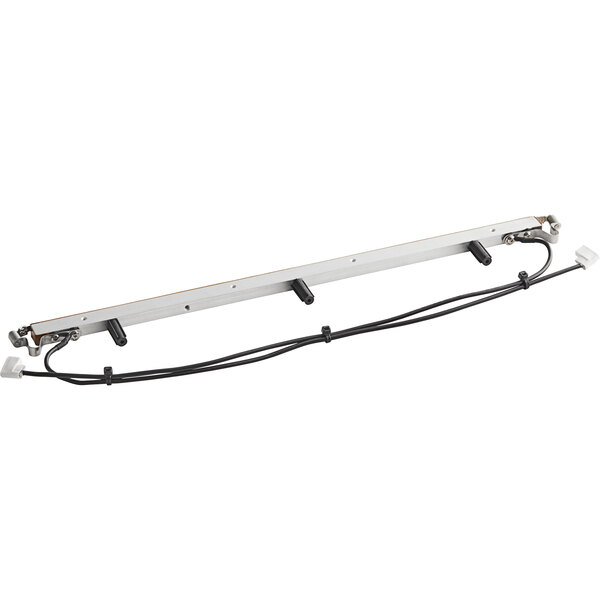 A white metal bar with black wires.