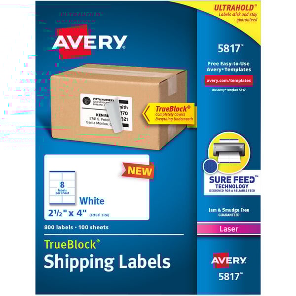 A brown box with a white label that says "Avery Shipping Labels" on it.