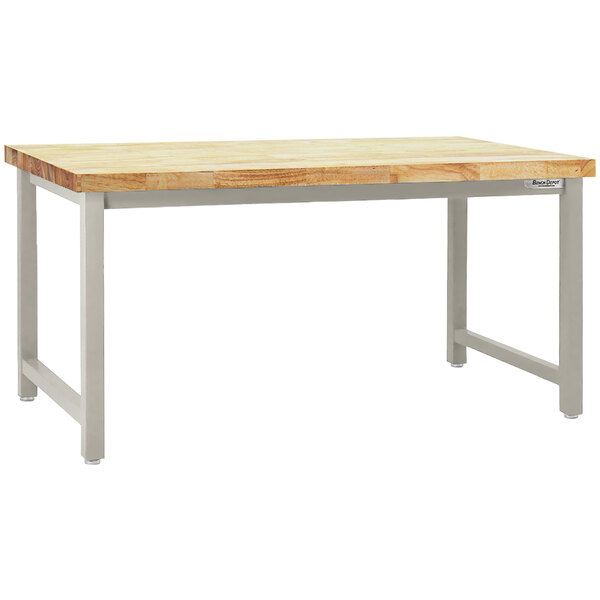 A BenchPro Kennedy series workbench with a butcherblock wood top and gray metal frame.