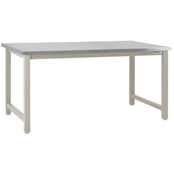A white rectangular BenchPro workbench with metal legs and a stainless steel top.