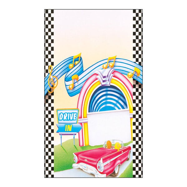 A retro-themed illustration featuring a jukebox, a pink classic car, a 'Drive In' sign, musical notes, and a checkered border.