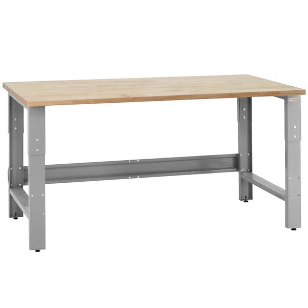 A BenchPro Roosevelt workbench with a maple butcher block top and gray metal legs.