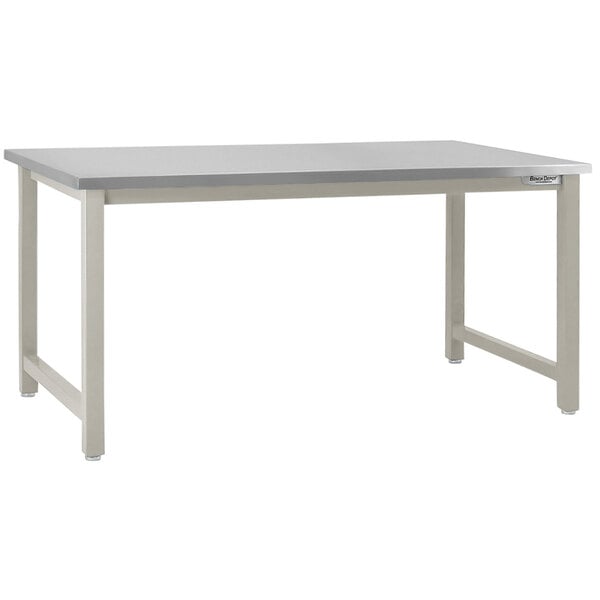 A white rectangular BenchPro worktable with metal legs and a stainless steel top.