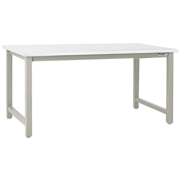 A white BenchPro workbench with metal legs and a gray frame.