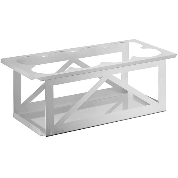 A white rectangular stainless steel Choice squeeze bottle holder with eight holes on a white background.