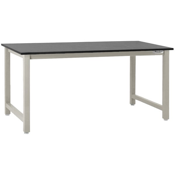 A gray BenchPro workbench with a white top and metal legs.