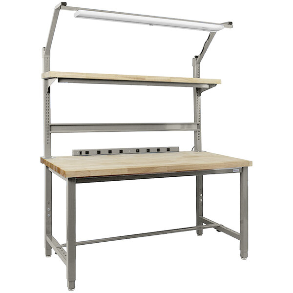 A wood and metal BenchPro workbench with two shelves.