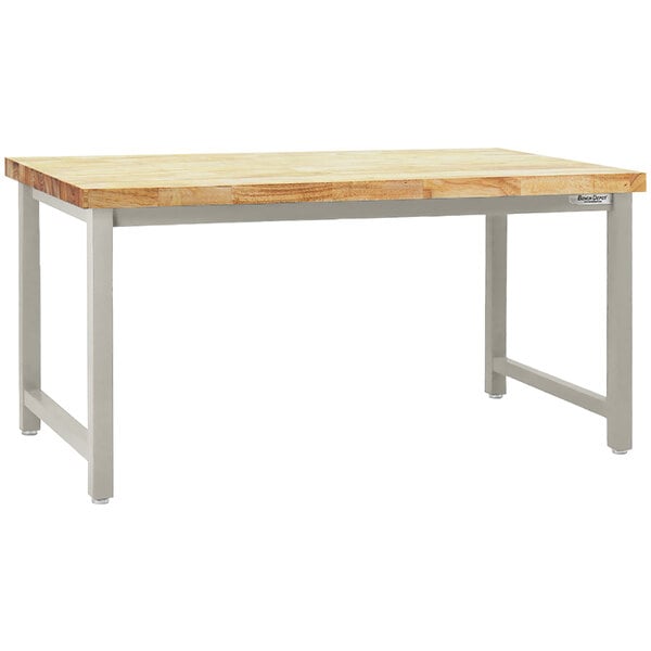 A BenchPro Kennedy workbench with a wooden butcherblock top and gray metal legs.