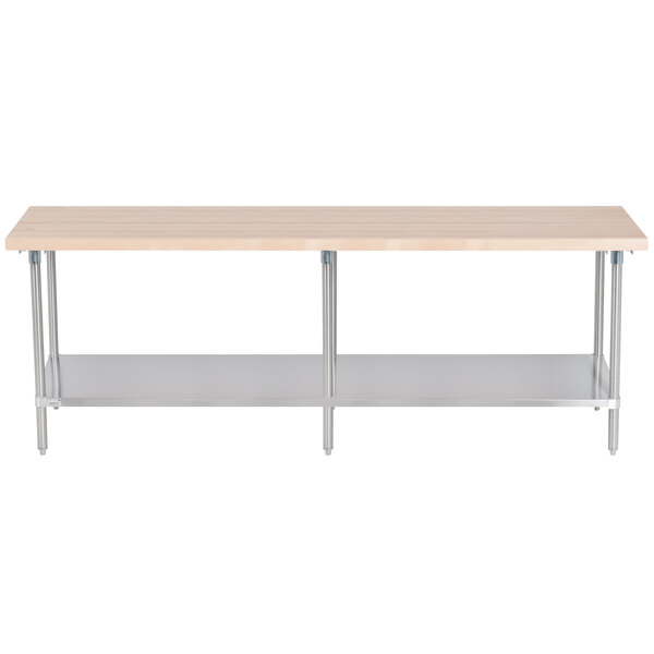 An Advance Tabco wood top work table with stainless steel legs and an undershelf.