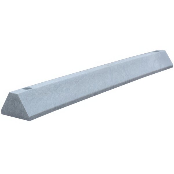 A close-up of the end of a Plastics-R-Unique gray parking block with a metal bar.