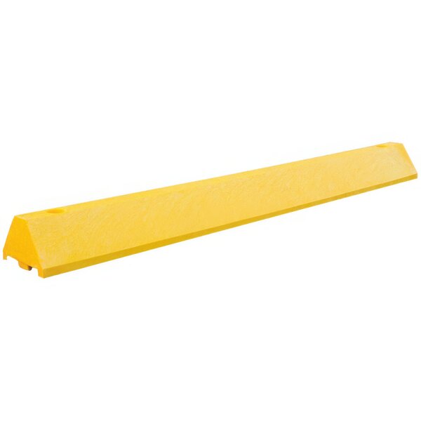 A yellow rectangular Plastics-R-Unique parking block on a white background.