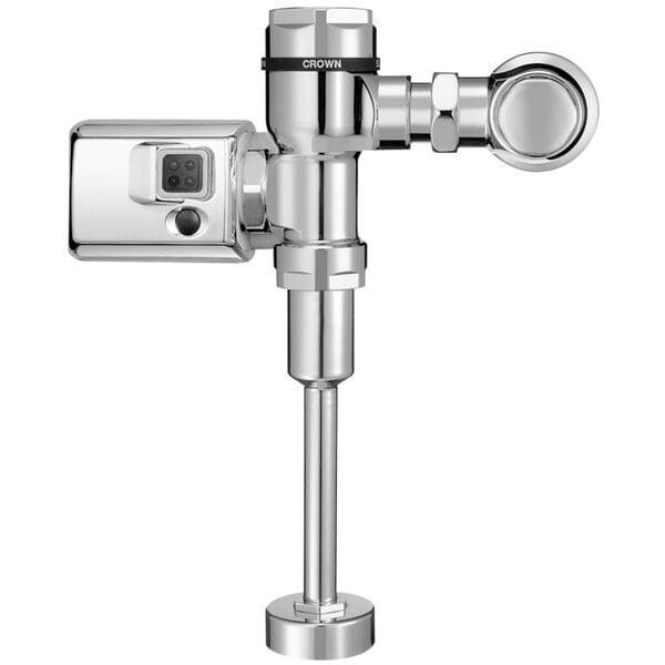 A Sloan polished chrome urinal flushometer with top spud connection and electrical override.