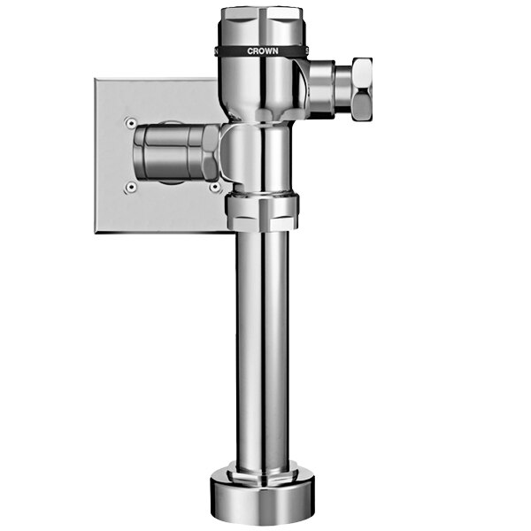 A Sloan polished chrome hardwired exposed sensor water closet flushometer with top spud fixture connection.