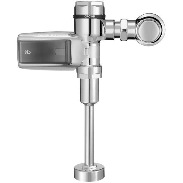 A Sloan polished chrome urinal flushometer with a black electronic sensor.