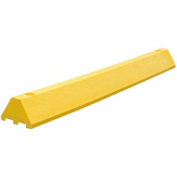 A yellow plastic parking block with channels.