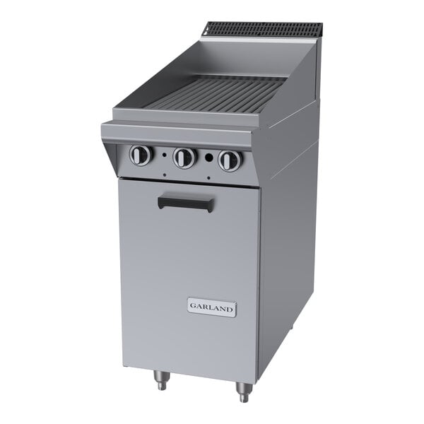 A stainless steel Garland Master Series 17-inch liquid propane charbroiler with a storage base and control knobs on the front.