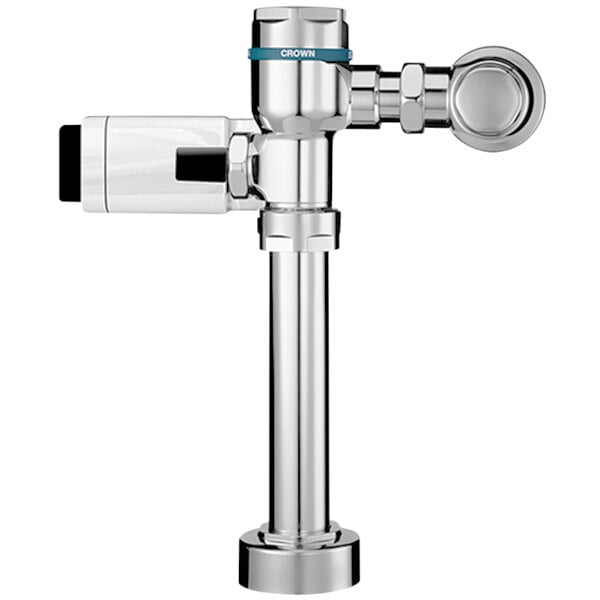 A close-up of a Sloan chrome water closet flushometer.