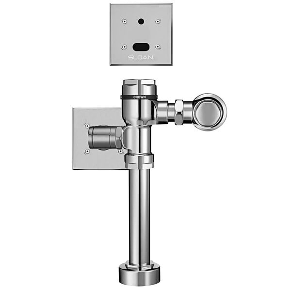 A chrome Sloan water closet flushometer with top spud fixture connection.