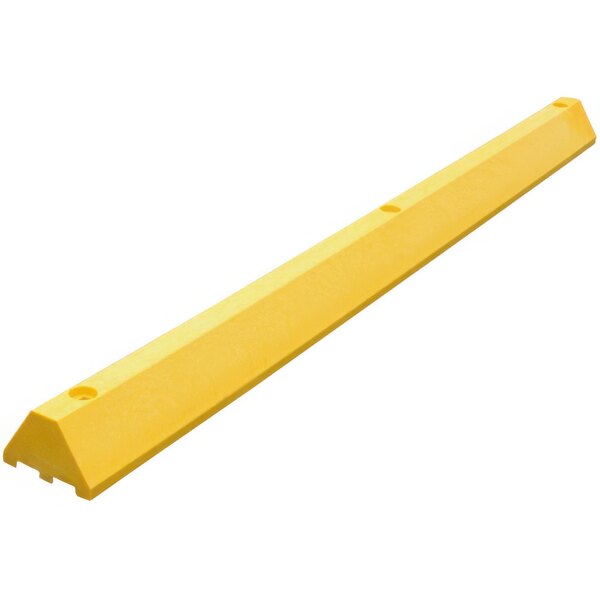 A yellow plastic parking block with channels.