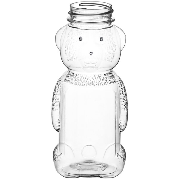 A clear plastic Bear PET honey bottle.
