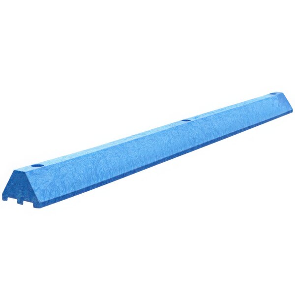 A blue rectangular plastic parking block with channels.