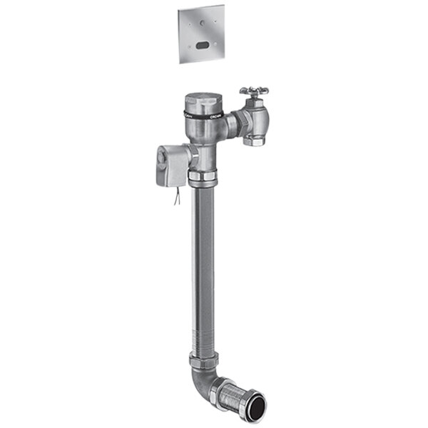 A Sloan rough brass water closet flushometer with a metal pipe and valve.