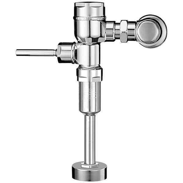 A close-up of a chrome Sloan urinal flushometer.