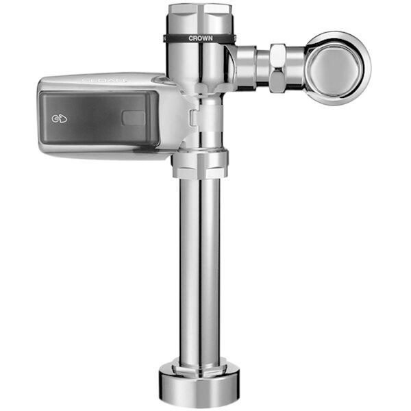 A close-up of a Sloan polished chrome metal water closet flushometer.