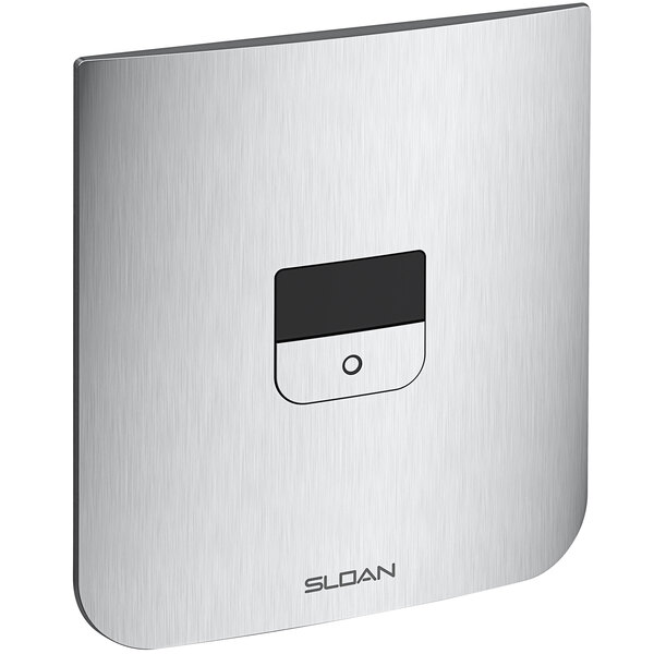 A brushed stainless steel Sloan water closet flushometer with a black square button.