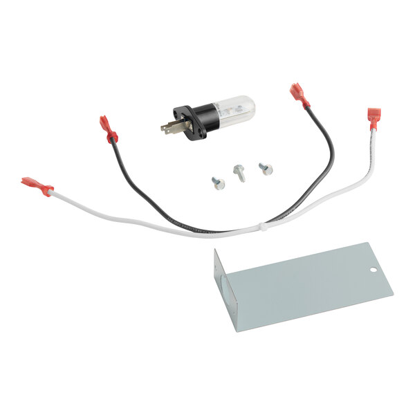 A microwave receptacle kit with wiring, screws, and a metal mounting bracket.
