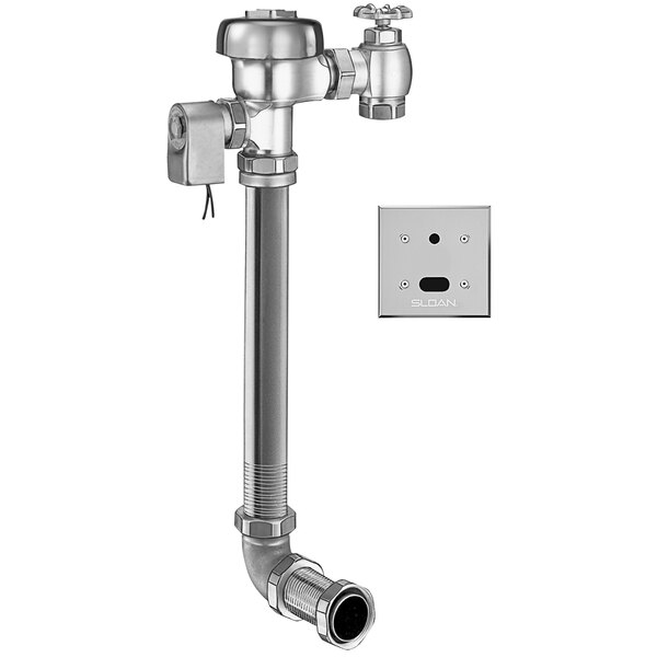 A Sloan rough brass urinal flushometer with a silver valve.