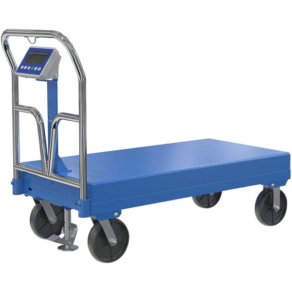 A blue Vestil platform truck with a digital scale on it.