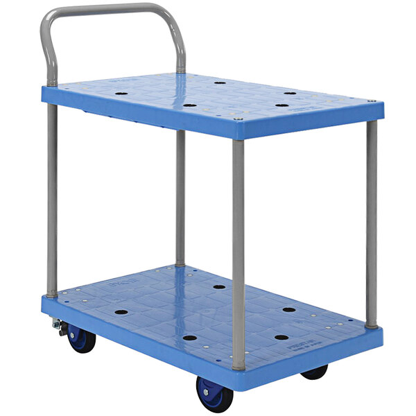 A blue Vestil double deck platform truck with a metal handle.