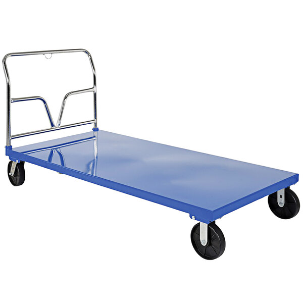 A blue metal Vestil platform truck with black wheels.