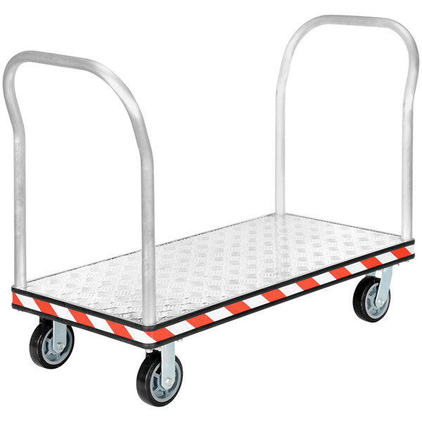 a metal cart with black wheels