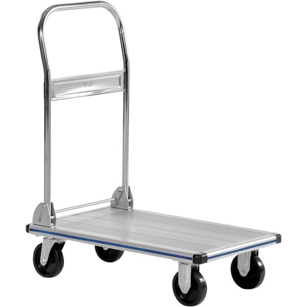 A silver Vestil platform truck with black wheels.