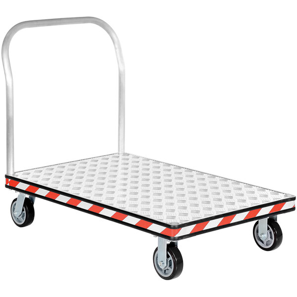 A white metal Vestil platform truck with black wheels.