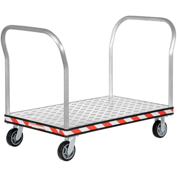 A white Vestil heavy-duty aluminum platform truck with metal handles.
